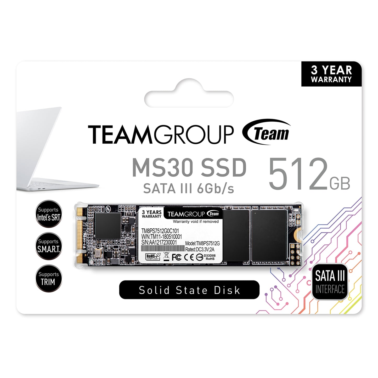 Team MS30 512GB SSD, M.2 PCIe Gen3, Sata III Interface, TM8PS7512G0C101