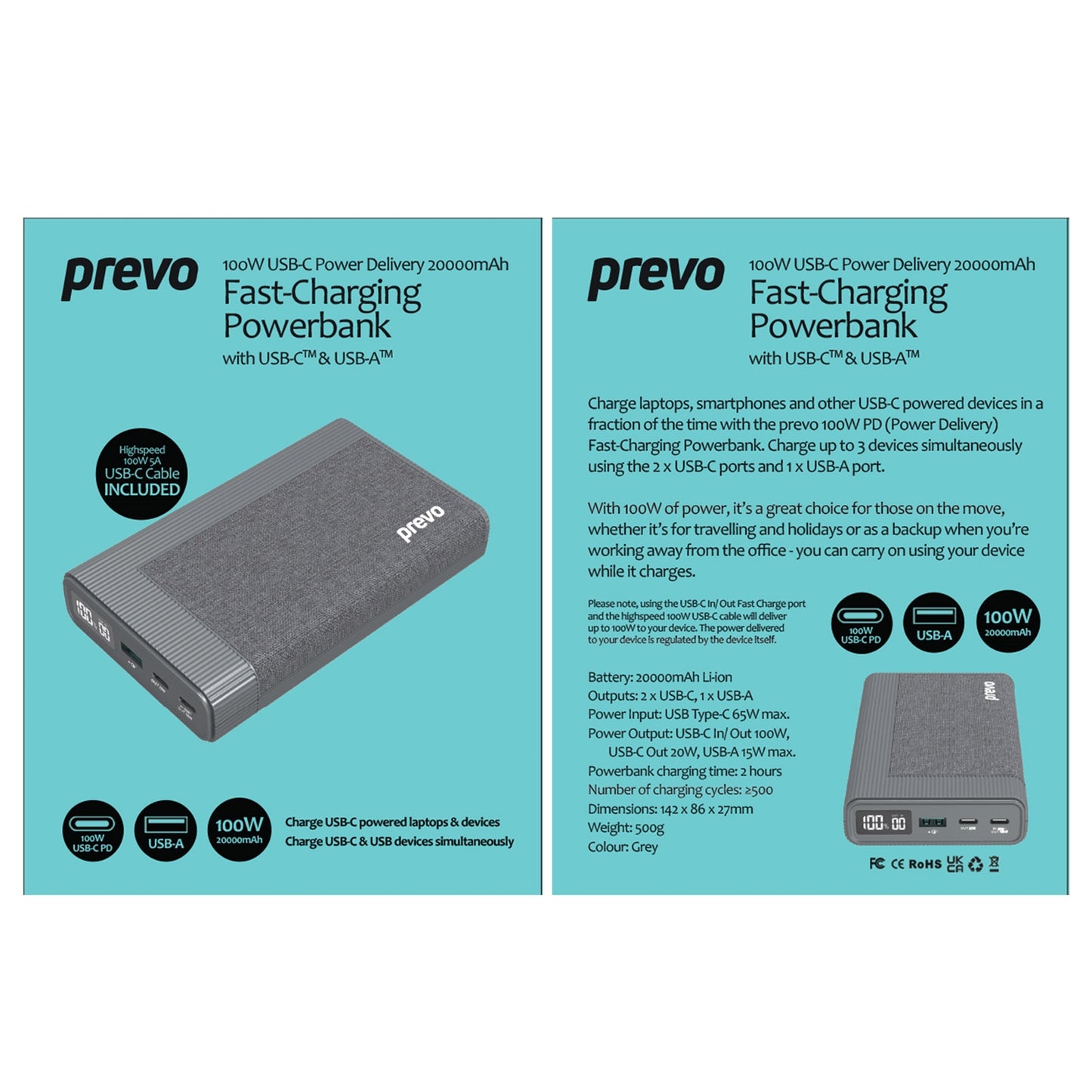 Prevo AD10C 100W USB-C PD 20000mAh Portable Fast-Charging Powerbank with Display