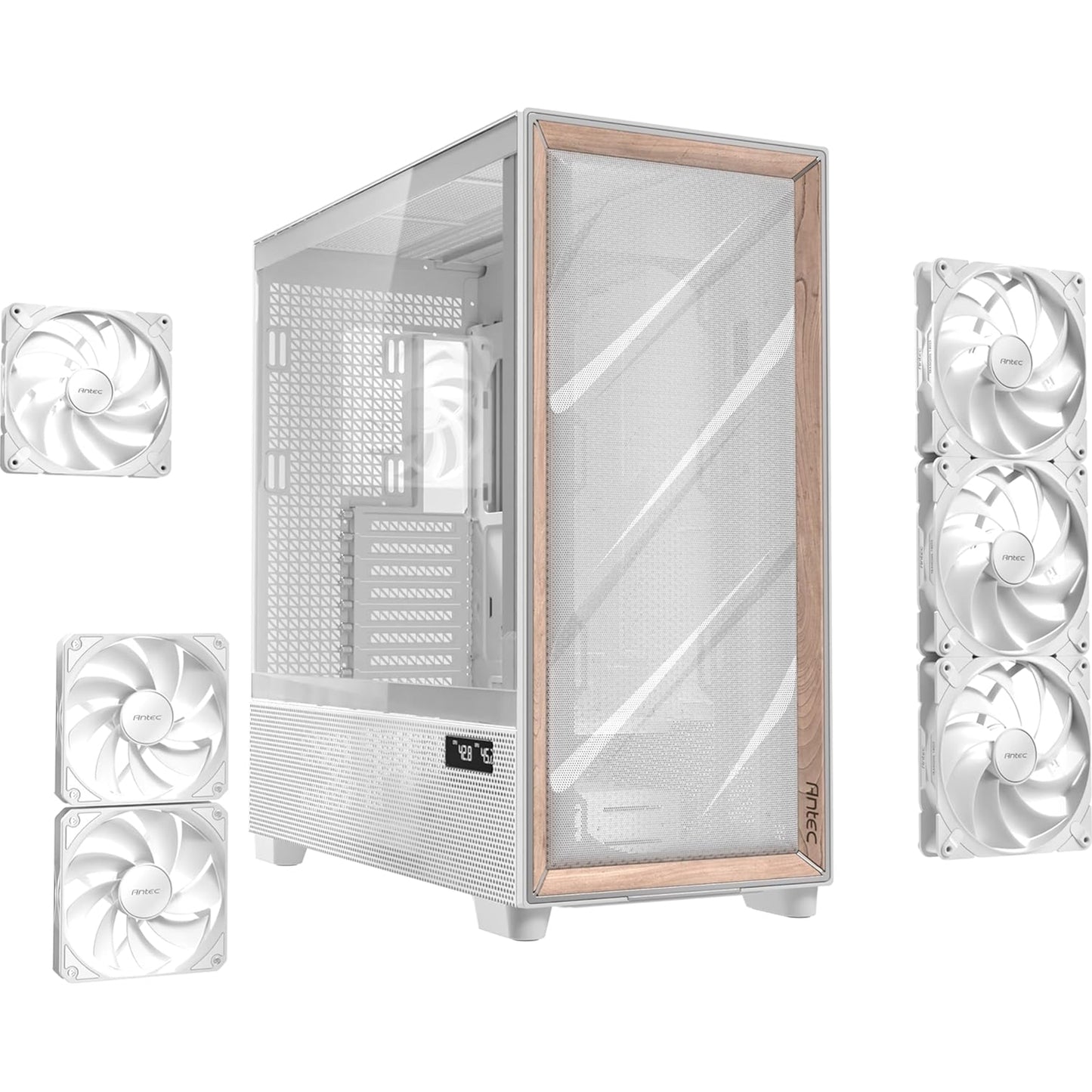 Antec Flux PRO Full Tower PC Case, Tempered Glass Wood, White, 6 Installed Fans