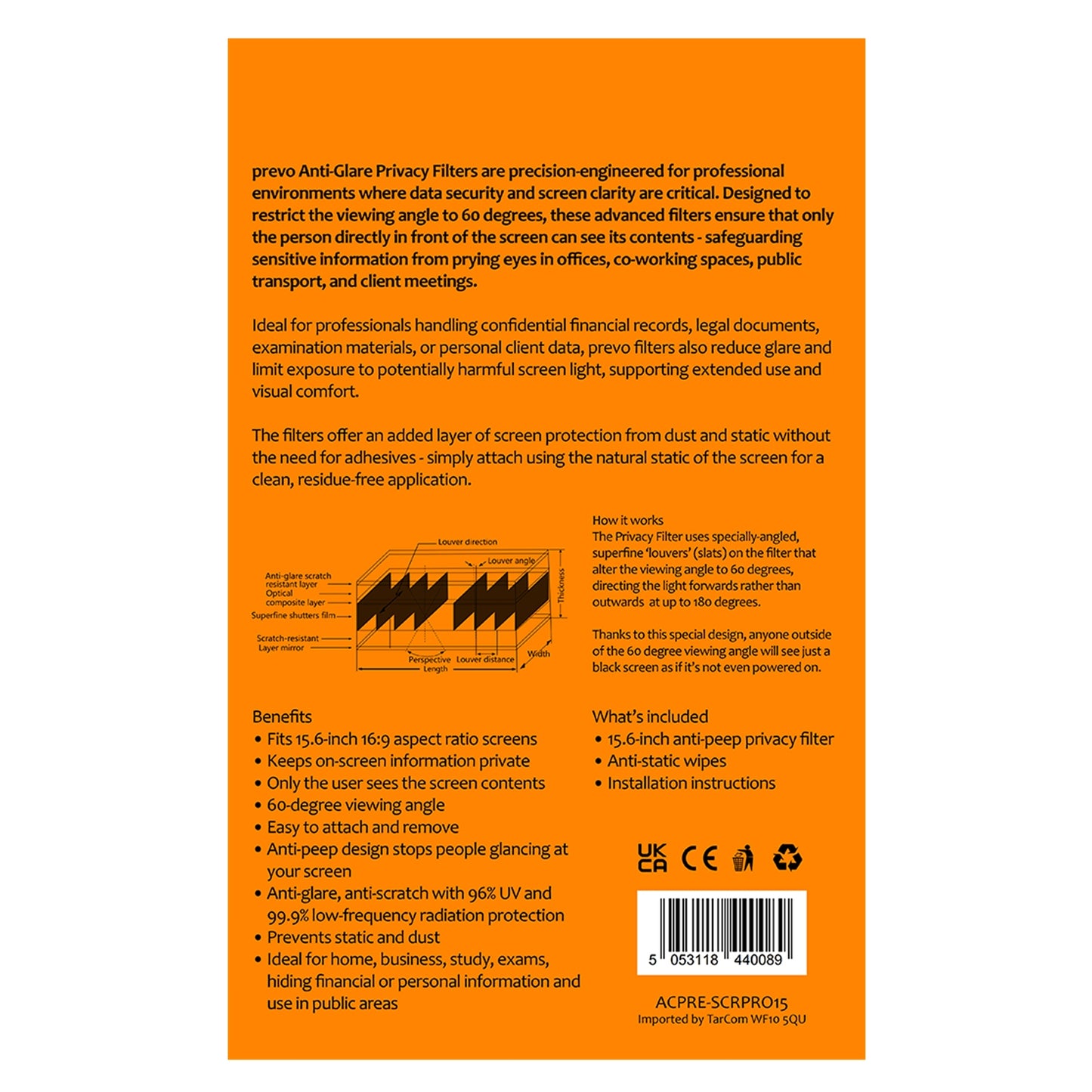 prevo 15.6 Inch Laptop Privacy Screen/ Privacy Filter, Anti-Glare, Blackout