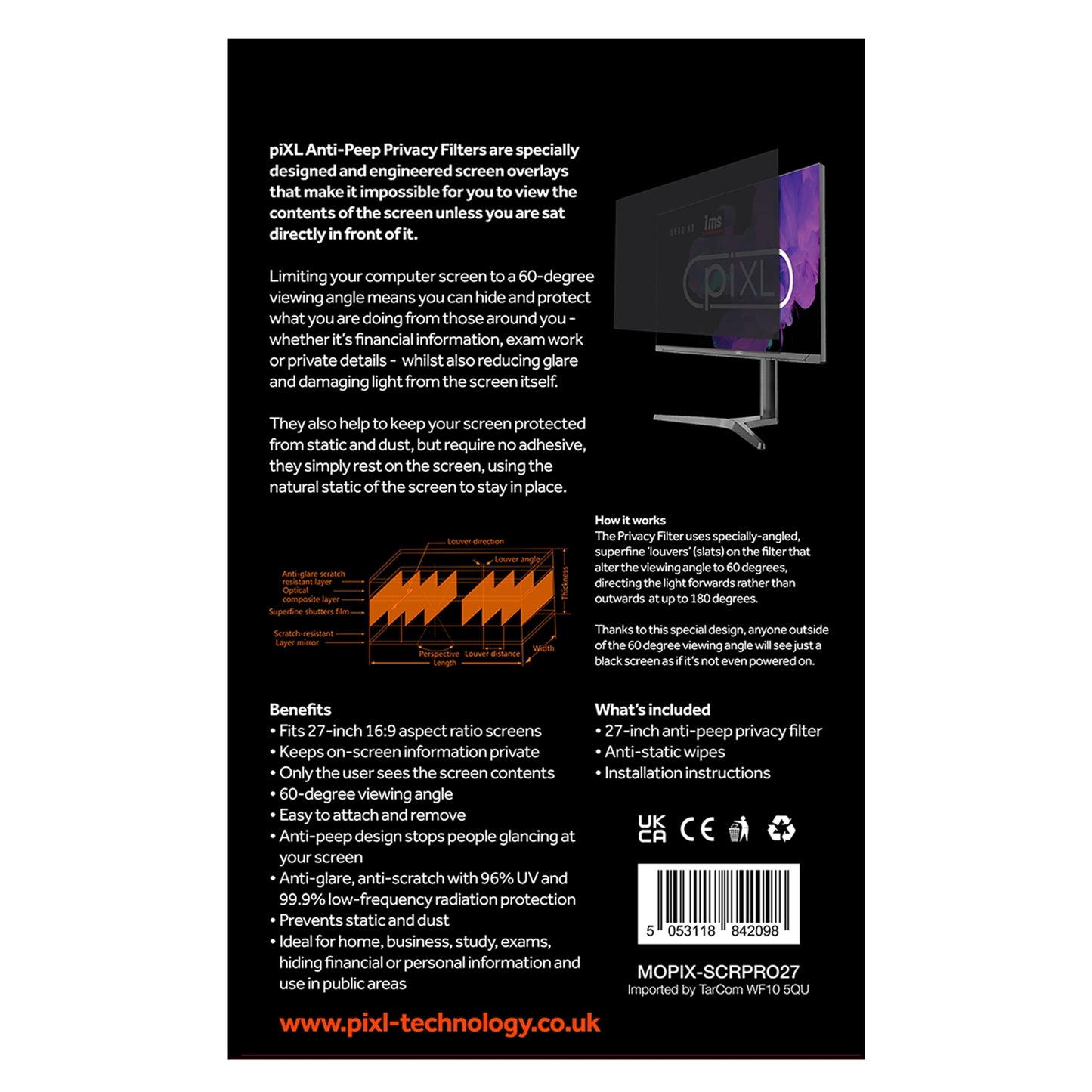 piXL 27 Inch Monitor Privacy Screen/ Privacy Filter, Anti-Glare, Blackout