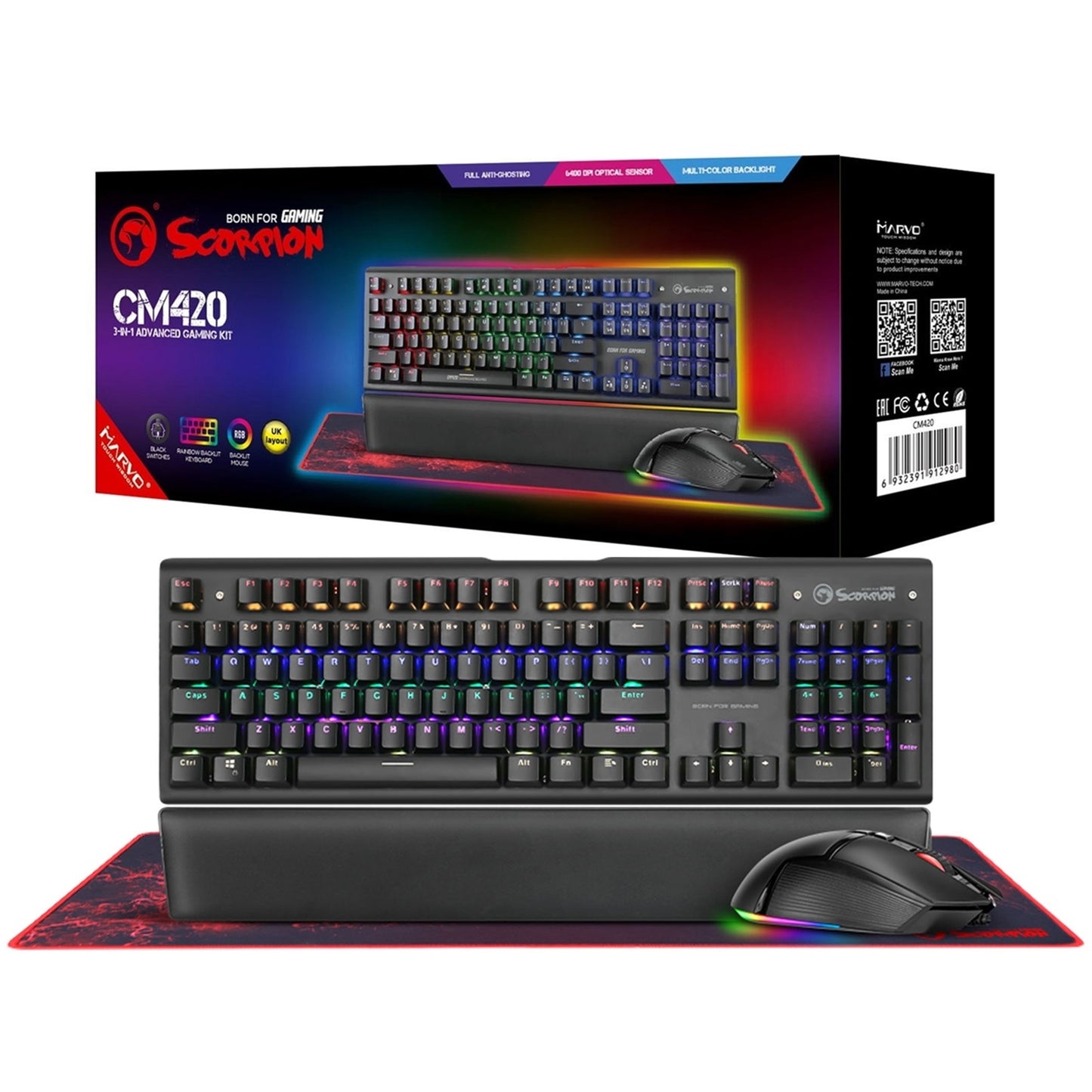 Marvo Scorpion CM420-UK RGB Keyboard, Mouse, Pad with HG9086W Gaming Headphones