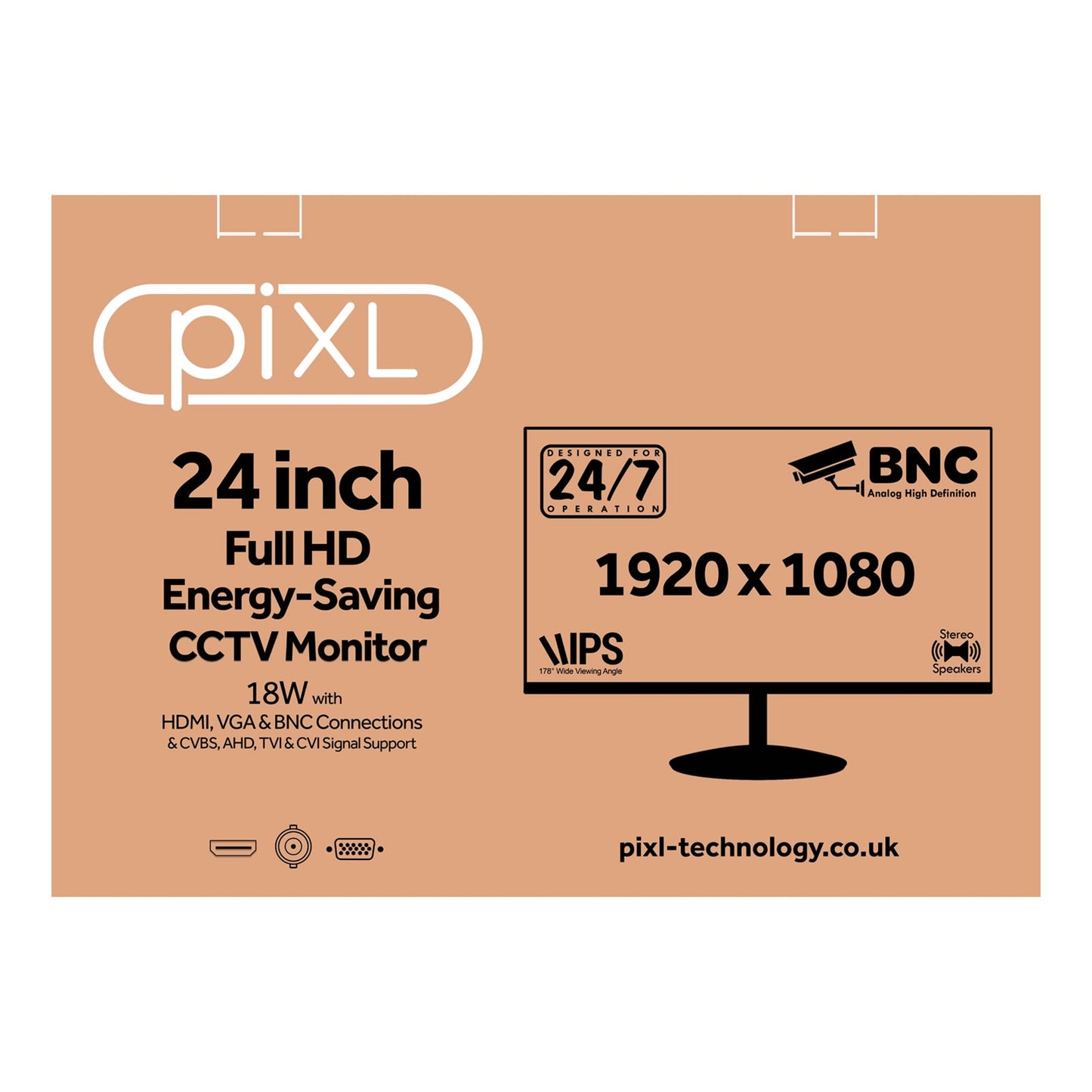 piXL 24 Inch CCTV Monitor for 24/7 use with BNC, Full HD IPS, Energy Saving