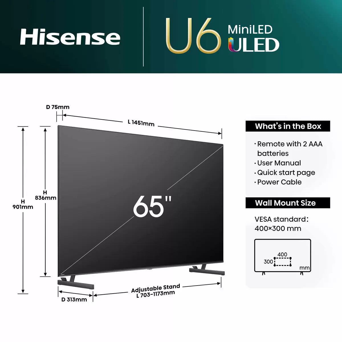 Hisense 65U6NQTUK 65 Inch Mini-LED Freely Smart TV 5-Year Warranty