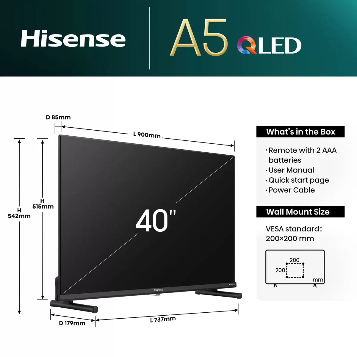Hisense 40A5NQTUK 40 Inch QLED Smart TV 5-Year Warranty