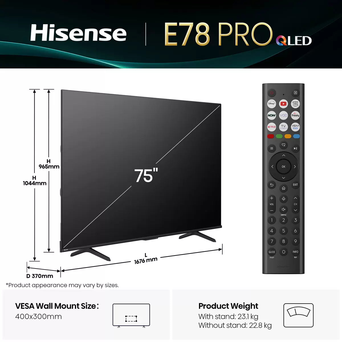 Hisense 75E78QTUK PRO 75 Inch QLED HD Smart TV 5-Year Warranty