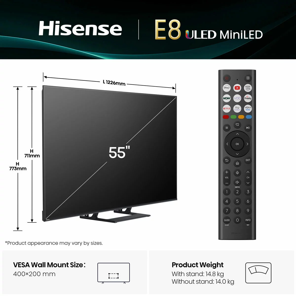 Hisense 55E8QTUK 55 Inch Mini LED HD Smart TV 5-Year Warranty