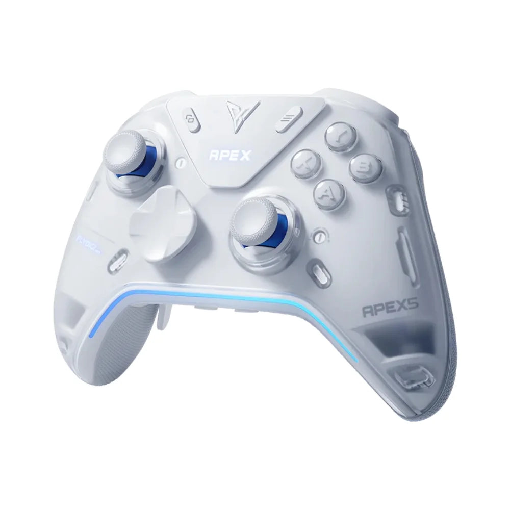 White gaming controller with blue accents on a white background