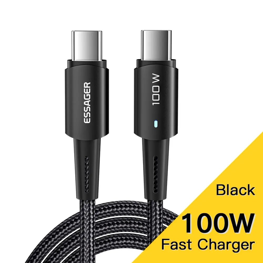 Essager PD 100W Type C to C USB Cable Fast Charger Ultra Fast Charging Cord - Mobile Charger - Essager - Lazymart - Black:1m:12000029277402020 - Essager PD 100W Type C to C USB Cable Fast Charger Ultra Fast Charging Cord