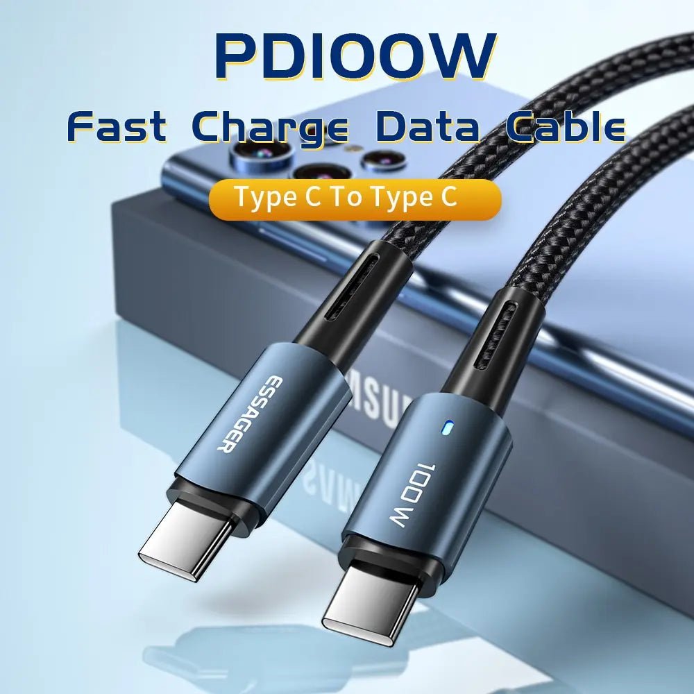 Essager PD 100W Type C to C USB Cable Fast Charger Ultra Fast Charging Cord - Mobile Charger - Essager - Lazymart - Black:1m:12000029277402020 - Essager PD 100W Type C to C USB Cable Fast Charger Ultra Fast Charging Cord