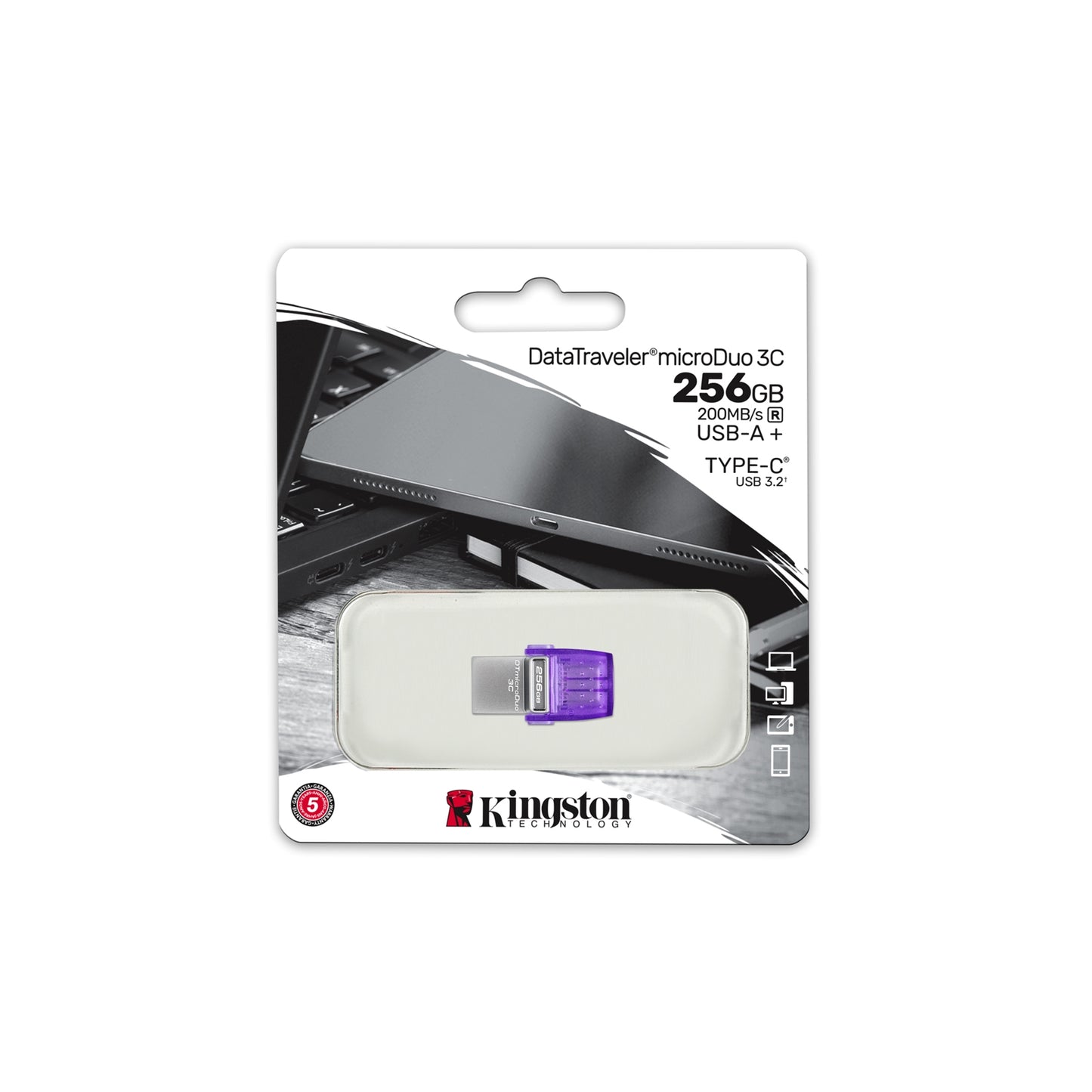 Kingston DataTraveler microDuo 3C 256GB OTG Dual USB-A to C Flash Drive, Purple