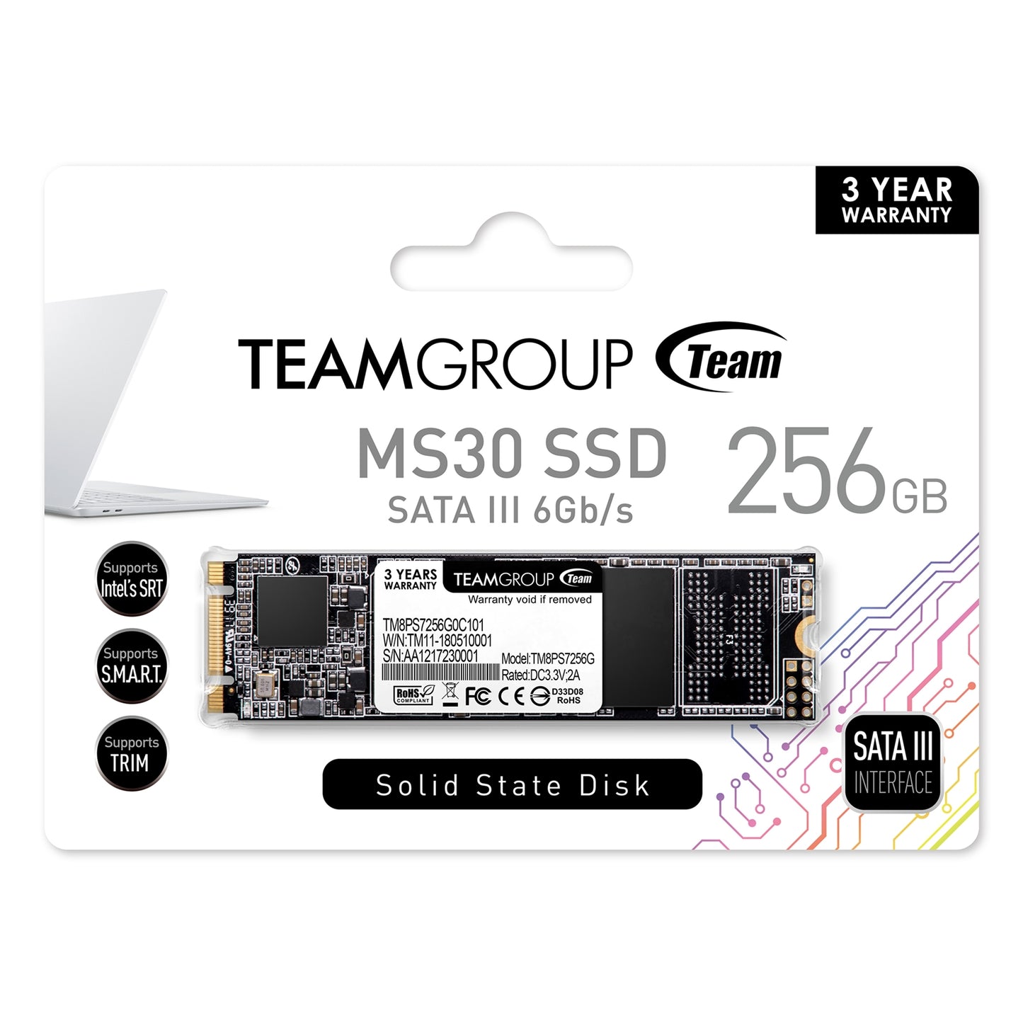 Team MS30 256GB, M.2 Sata Interface, PCIe Gen3, Read 550MB/s, Write 470MB/s