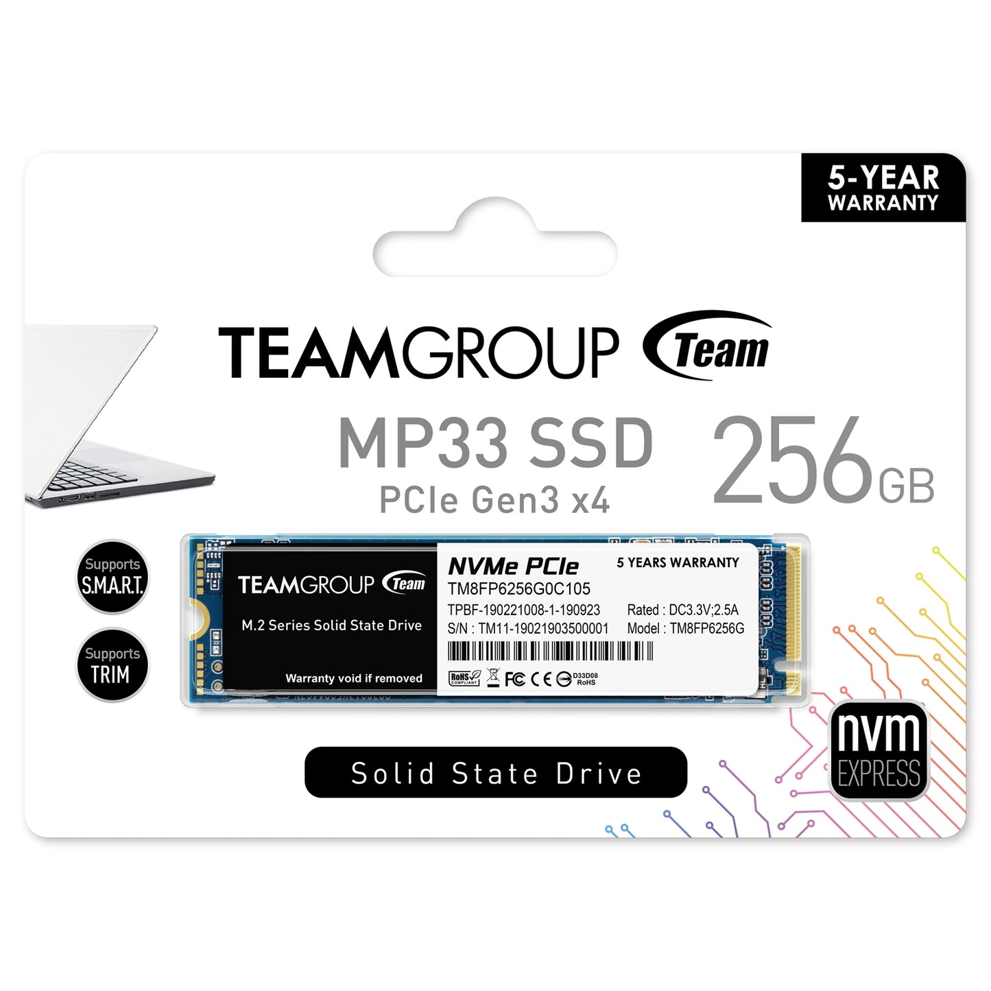 Team MP33 256GB NVMe M.2 Interface PCIe Gen3 2280 Read 1600MB/s Write 1000MB/s