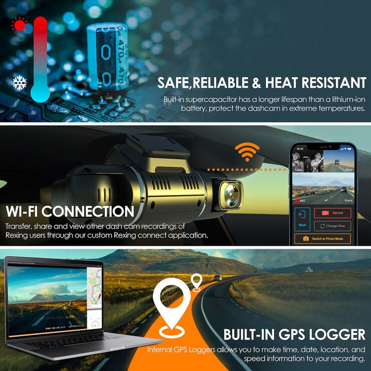 Rexing V2 Pro AI Dash Cam with 3 Channel Recording - Front, Cabin & Rear