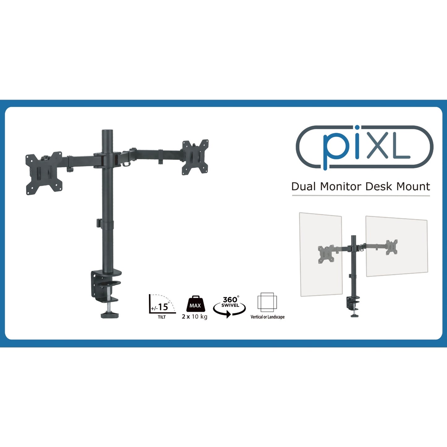 piXL Double Monitor Arm, Upto 2x 27 Inch Monitors, Desk Mounted, 75x75, 100x100