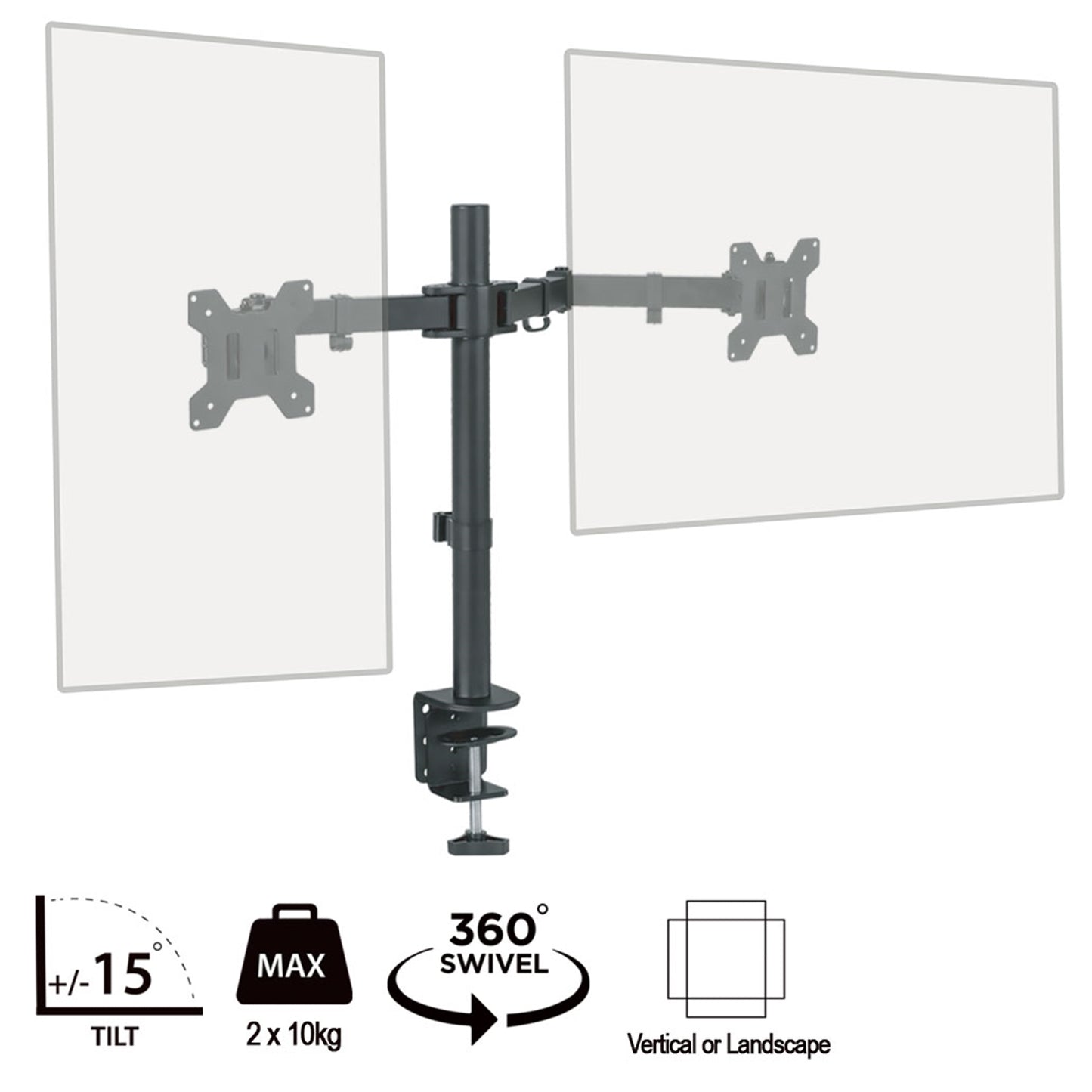 piXL Double Monitor Arm, Upto 2x 27 Inch Monitors, Desk Mounted, 75x75, 100x100