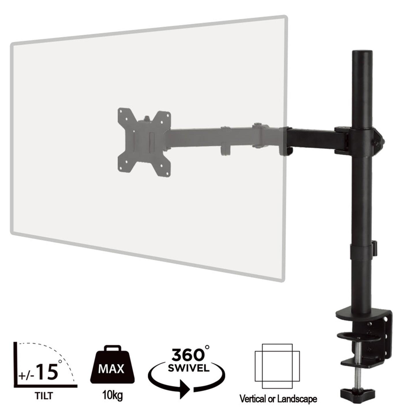 piXL Single Monitor Arm, Upto 32 Inch, Desk Mounted, VESA 75x75mm or 100x100mm