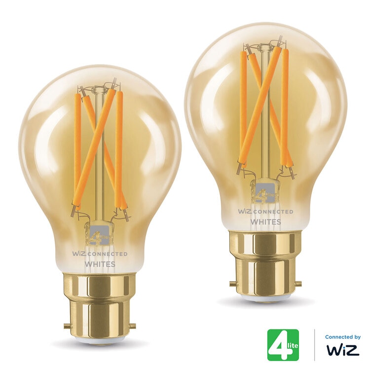 4lite WiZ LED A60 B22 Amber Filament Smart Bulbs, Pack of 2