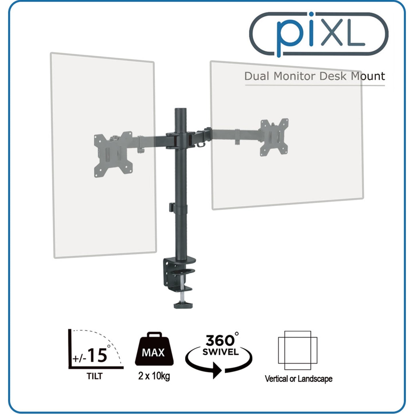 piXL Double Monitor Arm, Upto 2x 27 Inch Monitors, Desk Mounted, 75x75, 100x100