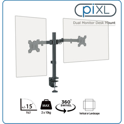 piXL Double Monitor Arm, Upto 2x 27 Inch Monitors, Desk Mounted, 75x75, 100x100