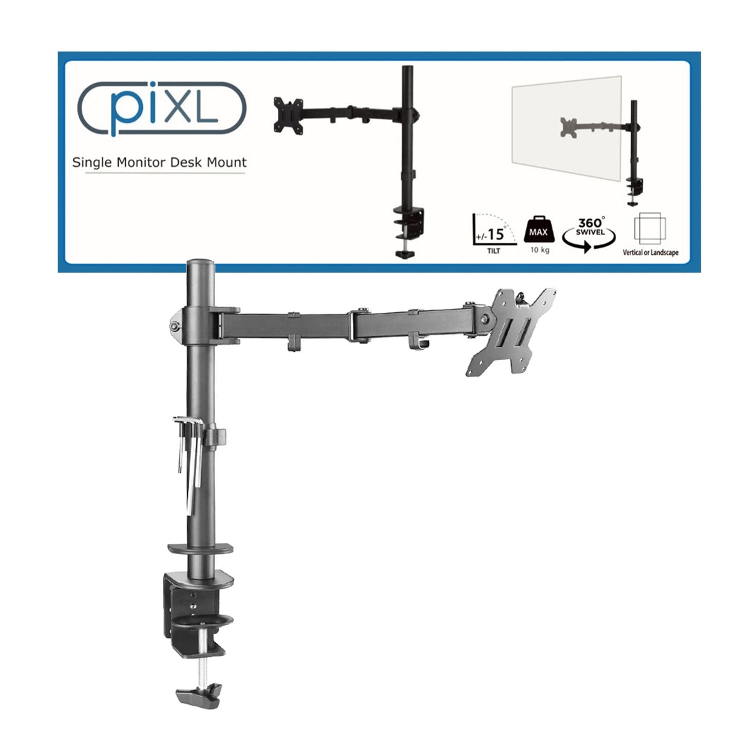 piXL Single Monitor Arm, Upto 32 Inch, Desk Mounted, VESA 75x75mm or 100x100mm