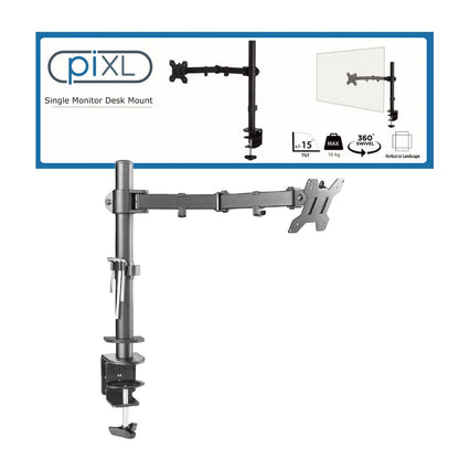 piXL Single Monitor Arm, Upto 32 Inch, Desk Mounted, VESA 75x75mm or 100x100mm