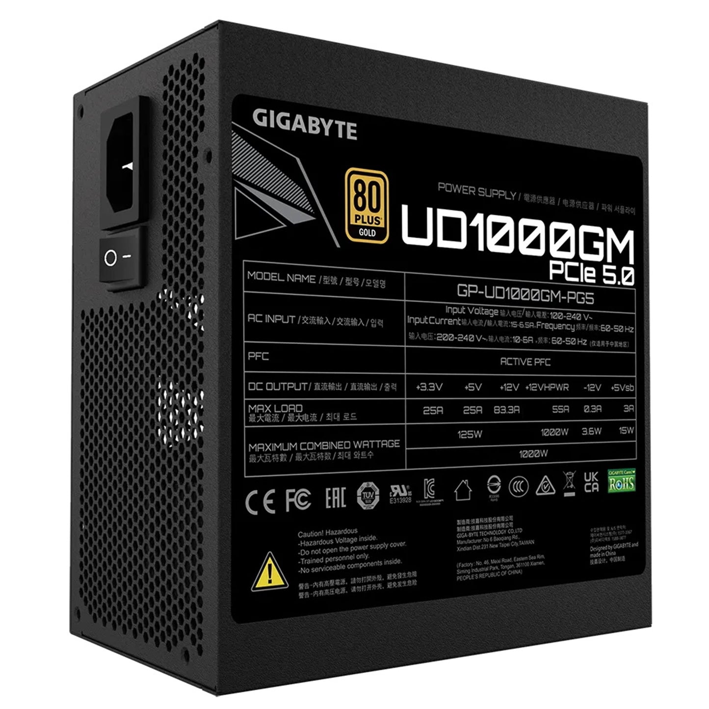 GIGABYTE UD1000GM PG5 1000W Fully Modular PSU, 120mm Fan, JP Capacitors, UK Plug