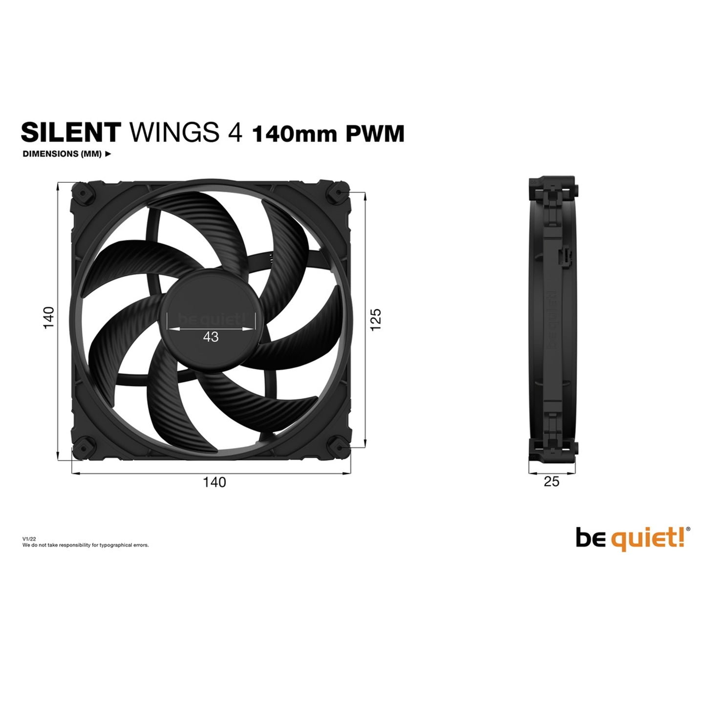 be quiet! Silent Wings 4 PWM Black Fan, 140mm, 1100RPM, 2 Mounting Options