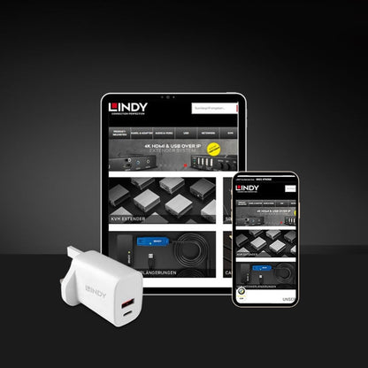 LINDY 73416 Power Adapter, USB, 24 pin USB-C, 20W, Fast Charge, PD 3.0, White
