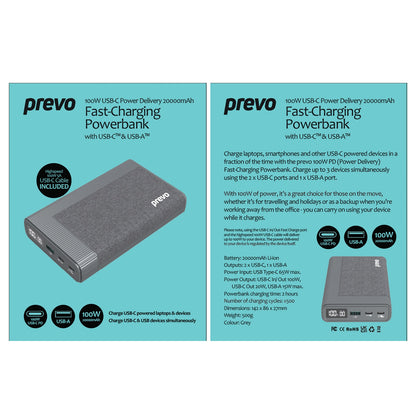 Prevo AD10C 100W USB-C PD 20000mAh Portable Fast-Charging Powerbank with Display
