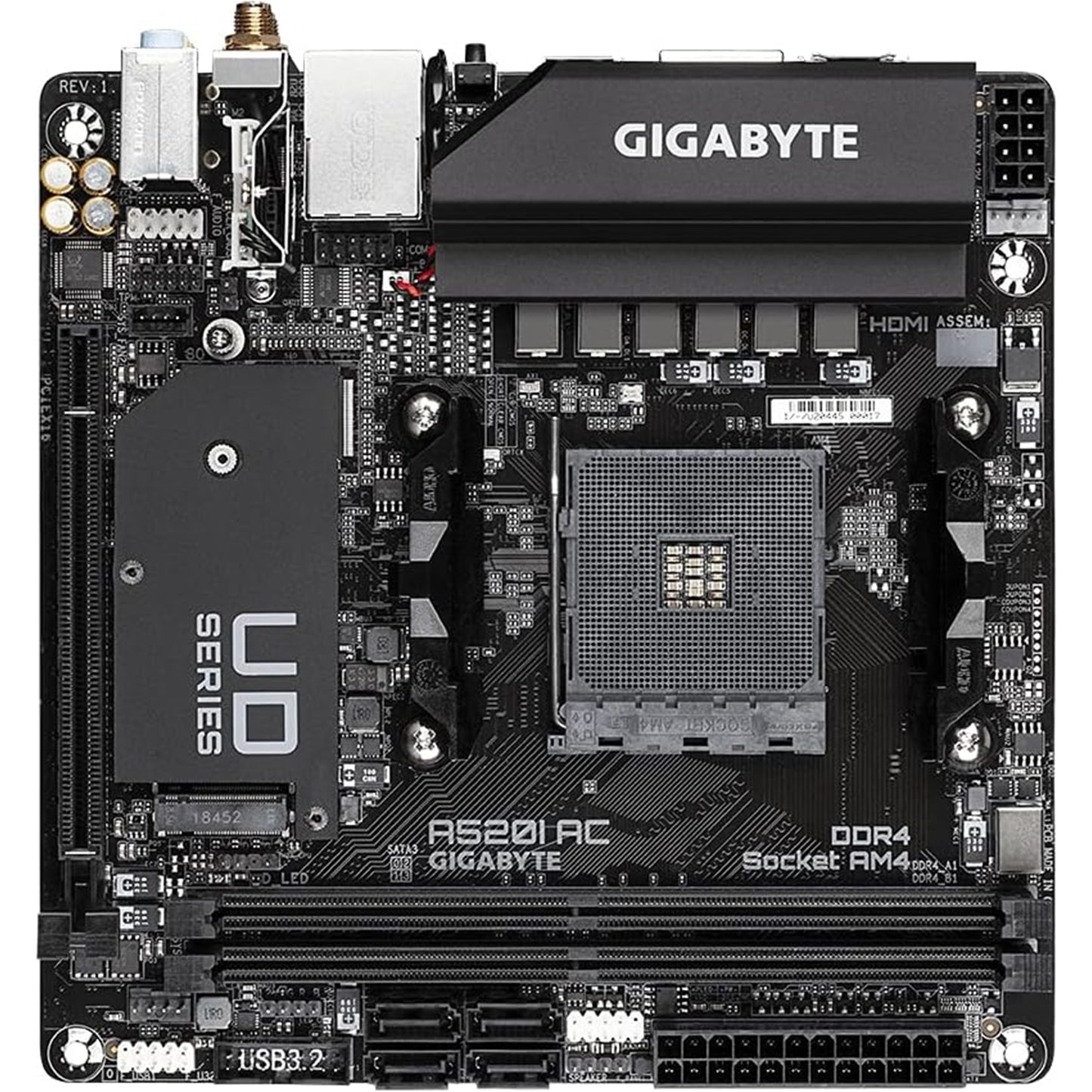 Gigabyte A520I AC Motherboard, AMD Socket AM4, DDR4, Mini-ITX, Wi-Fi 5, HDMI
