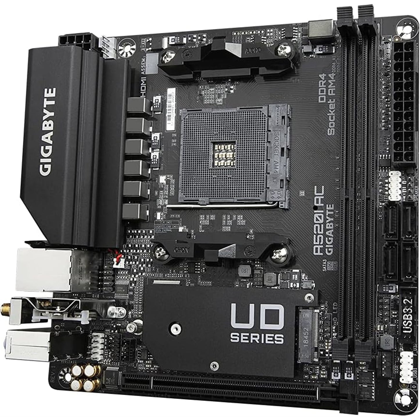 Gigabyte A520I AC Motherboard, AMD Socket AM4, DDR4, Mini-ITX, Wi-Fi 5, HDMI