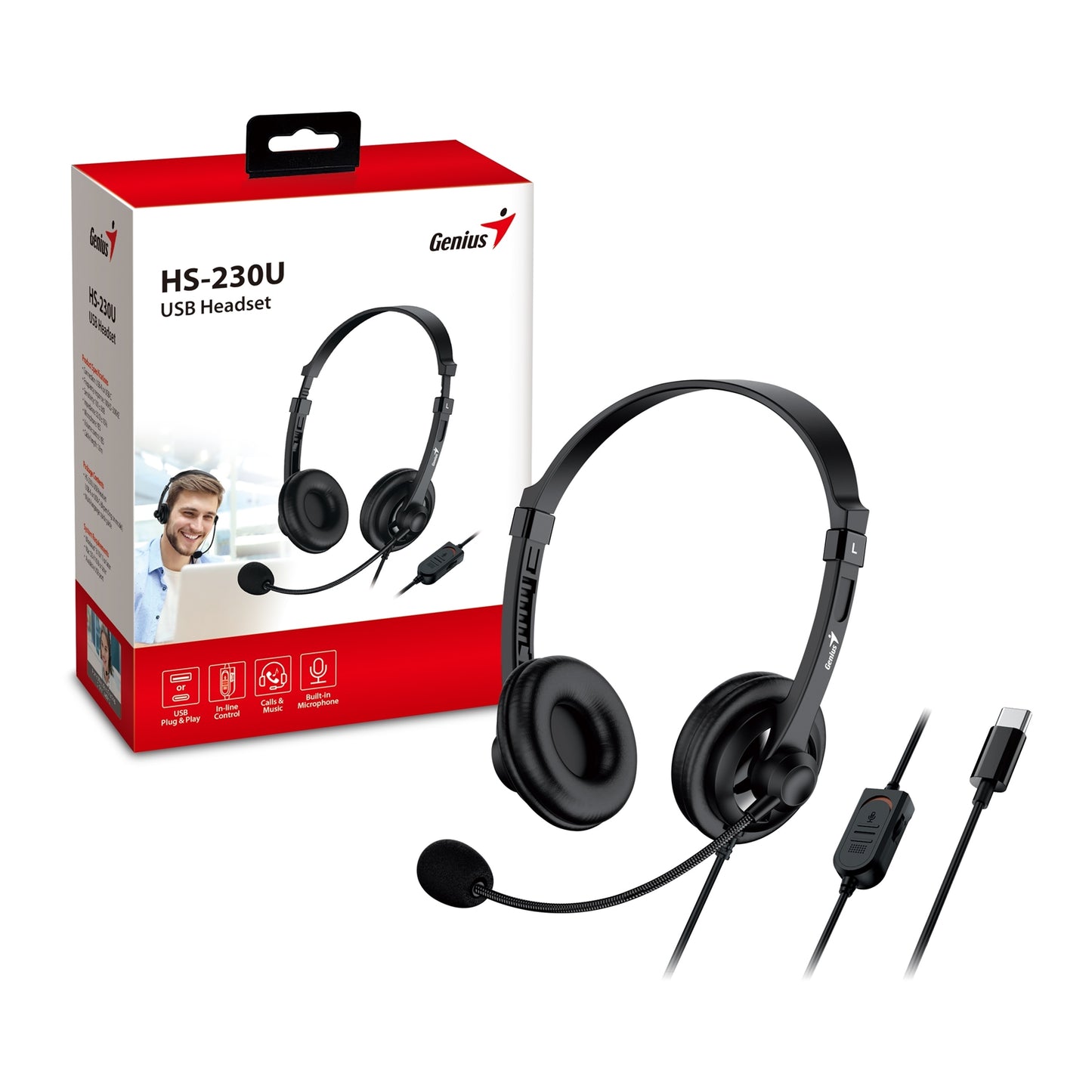 Genius HS-230U Headset with Mic, USB-C Connection, Volume Control, Black