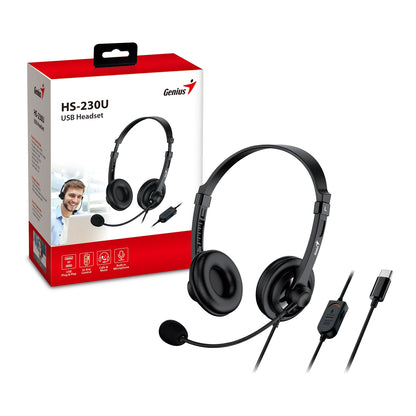Genius HS-230U Headset with Mic, USB-C Connection, Volume Control, Black