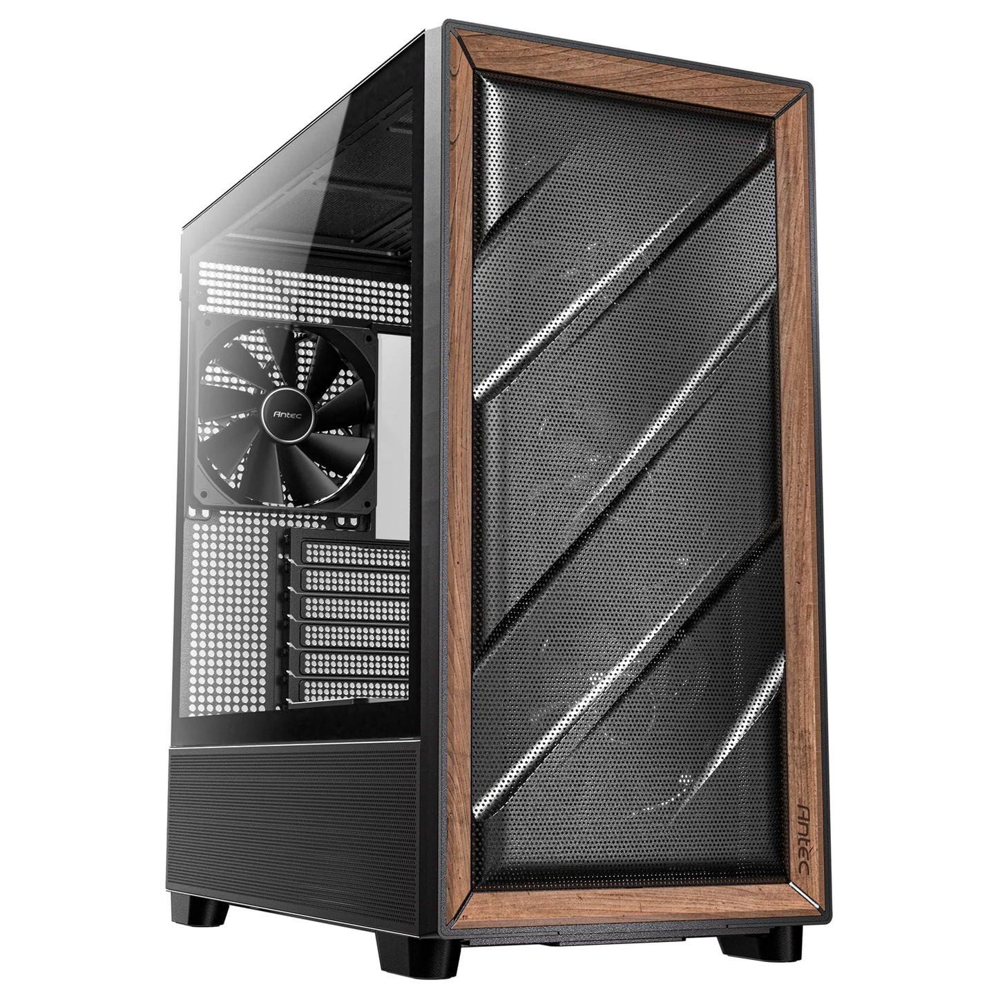 Antec FLUX Mid Tower PC Case, Tempered Glass, Black/Wood, 5xFans, USB-C, ATX/ITX