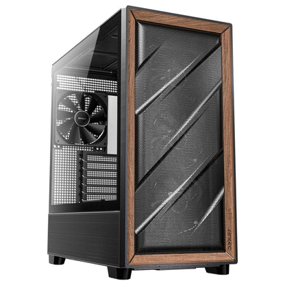 Antec FLUX Mid Tower PC Case, Tempered Glass, Black/Wood, 5xFans, USB-C, ATX/ITX