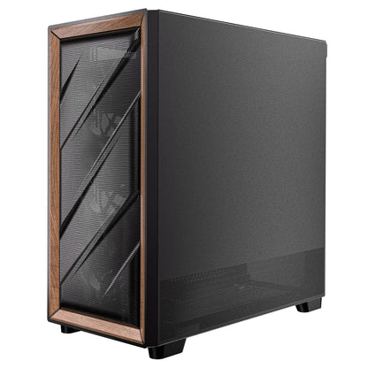 Antec FLUX Mid Tower PC Case, Tempered Glass, Black/Wood, 5xFans, USB-C, ATX/ITX