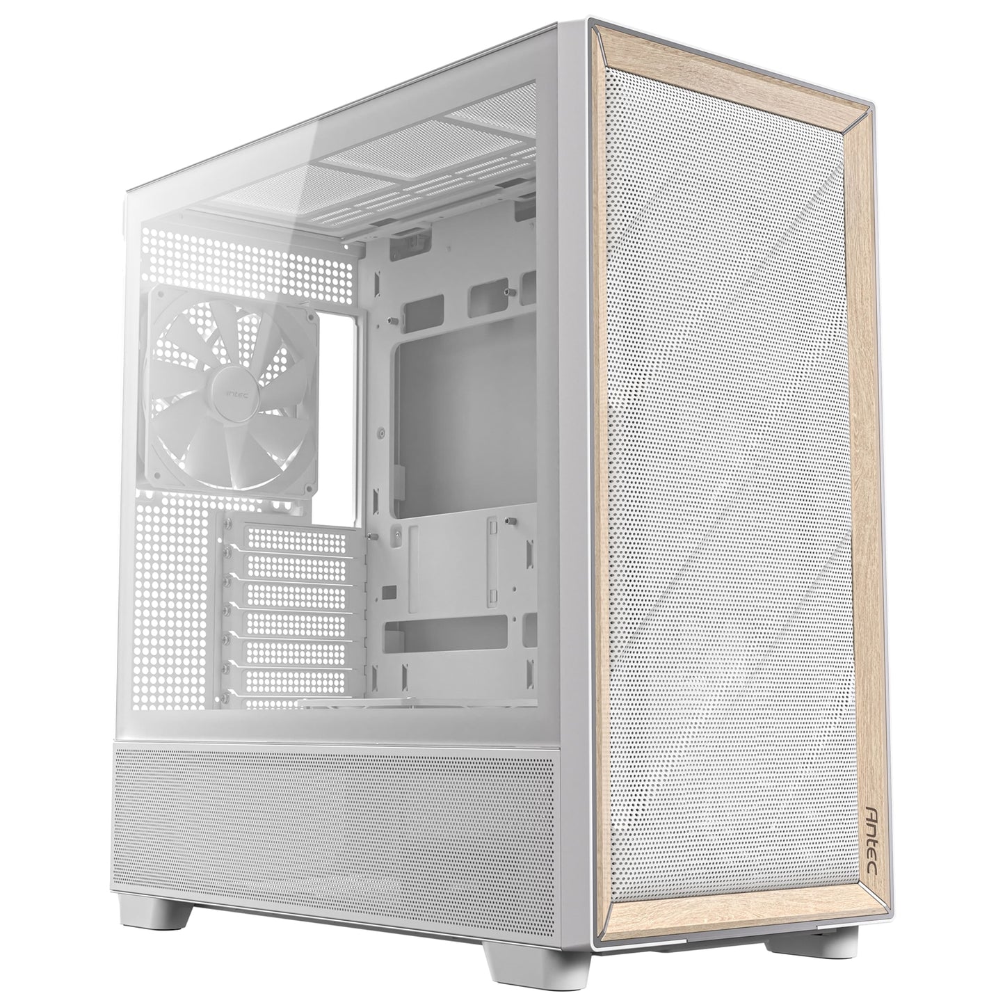 Antec FLUX Mid Tower PC Case, Tempered Glass, White/Wood, 5xFans, USB-C, ATX/ITX