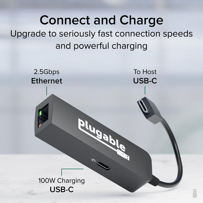 Plugable USBC-E2500PD USB-C to 2.5GbE Gigabit Ethernet Adapter, USBC PD Charging