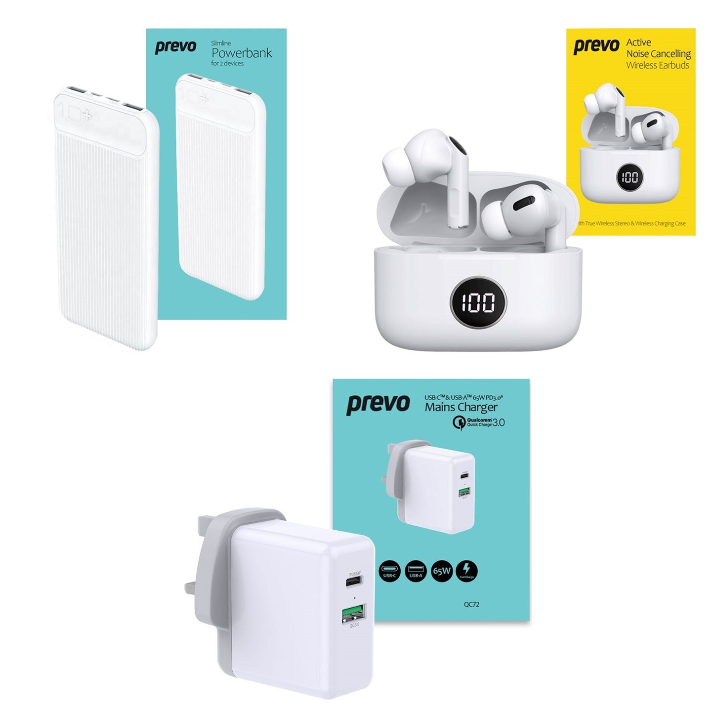 Prevo Entertainment Bundle with ANC Earbuds, 10000mAh Powerbank & Mains Charger
