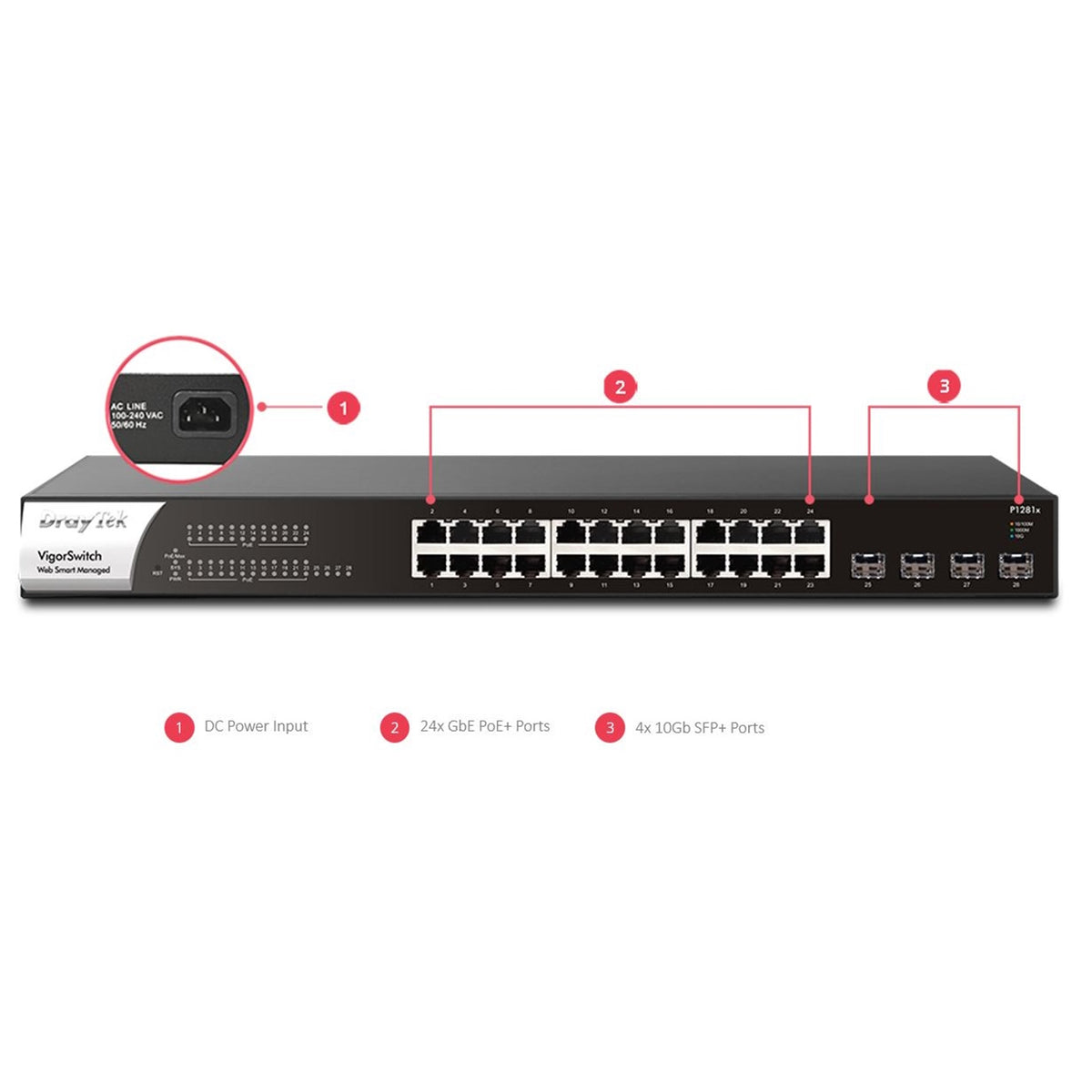 DrayTek VSP1281X-K VigorSwitch P1281x 24 Port Gigabit POE Smart Managed Switch