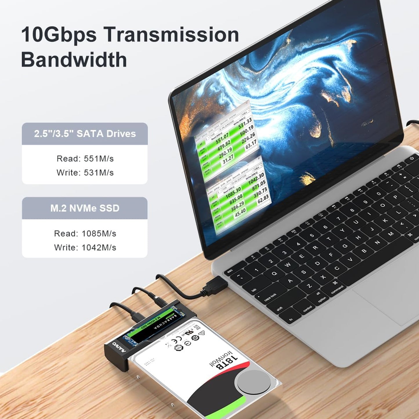 Maiwo USB-C Dual Bay HDD/NVMe M2 SSD 10Gbps Clone Converter 2.5 - 3.5 Inch SATA