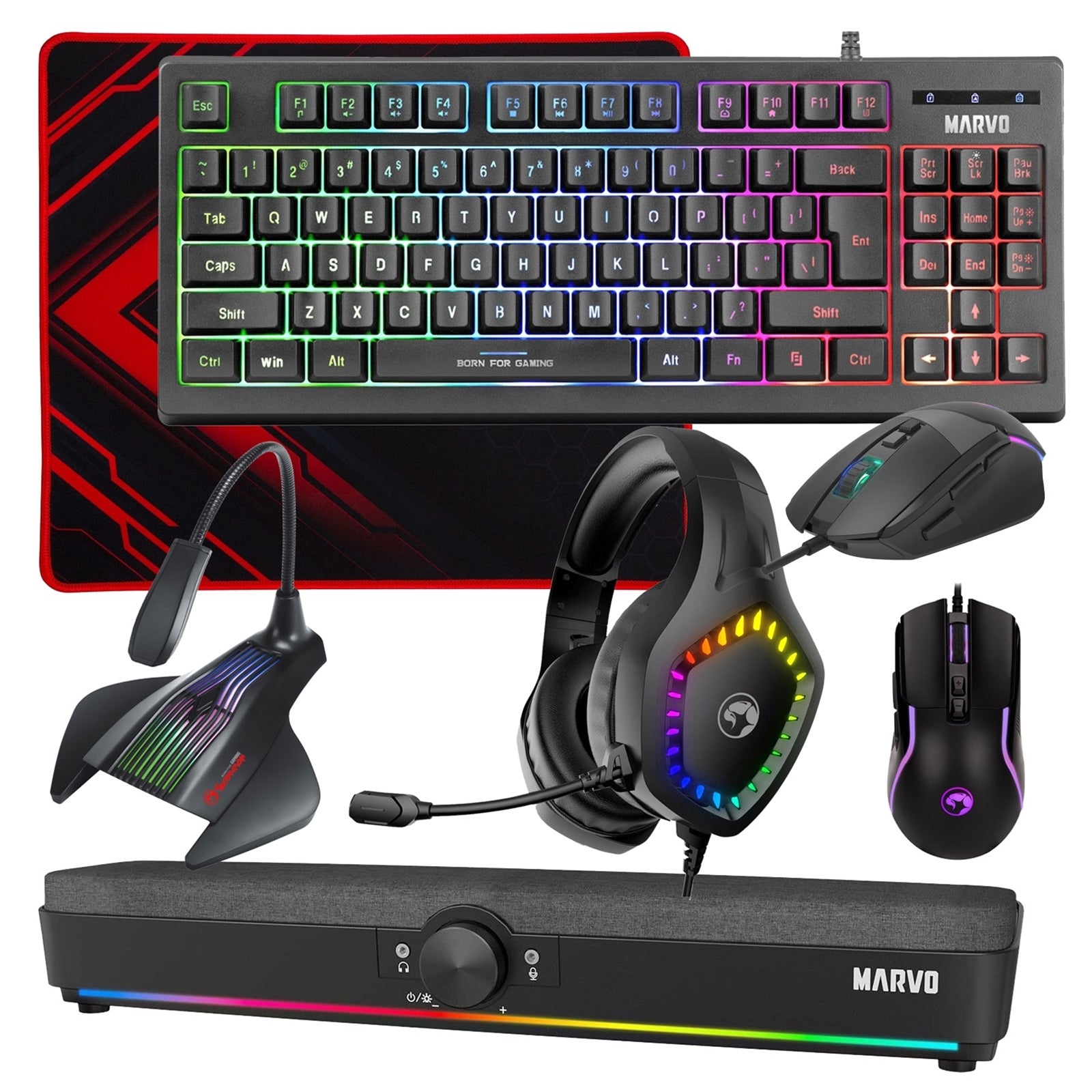 Marvo Scorpion 6-Product Gaming & Streaming Bundle featuring 80% TKL Multimedia Keyboard, Programmable USB Mouse, Non-Slip Mousepad, PC & Console-Compatible RGB Gaming Headset, RGB Stereo Soundbar & USB Streaming Microphone