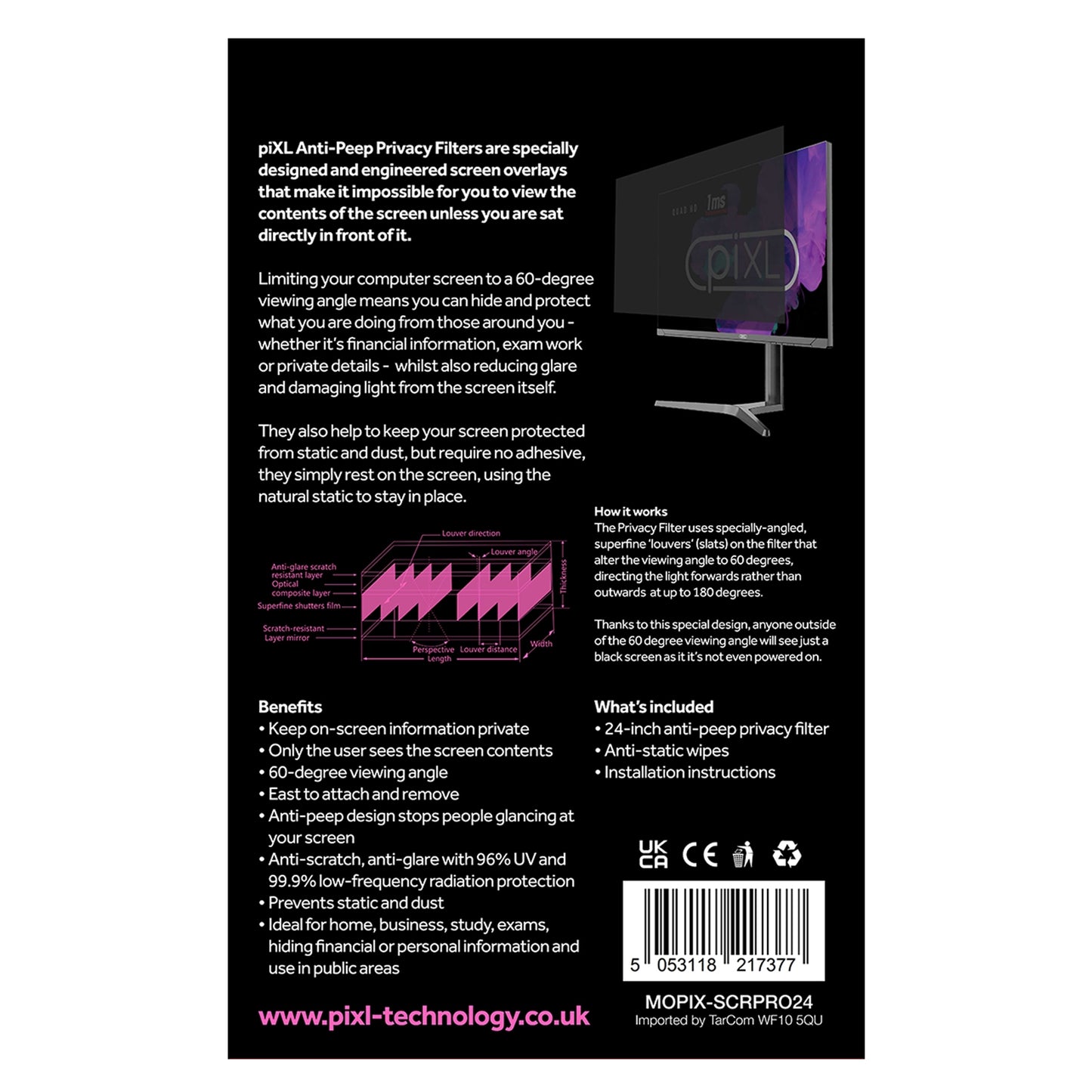 piXL 24-Inch Monitor Privacy Screen/ Privacy Filter, Anti-Glare, Blackout