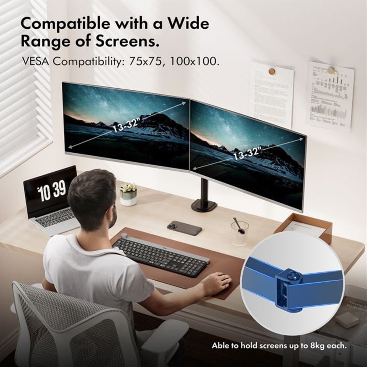 VonHaus Dual Monitor Stand for 13-32 Inch Screens, Desk Clamp, Adjustable