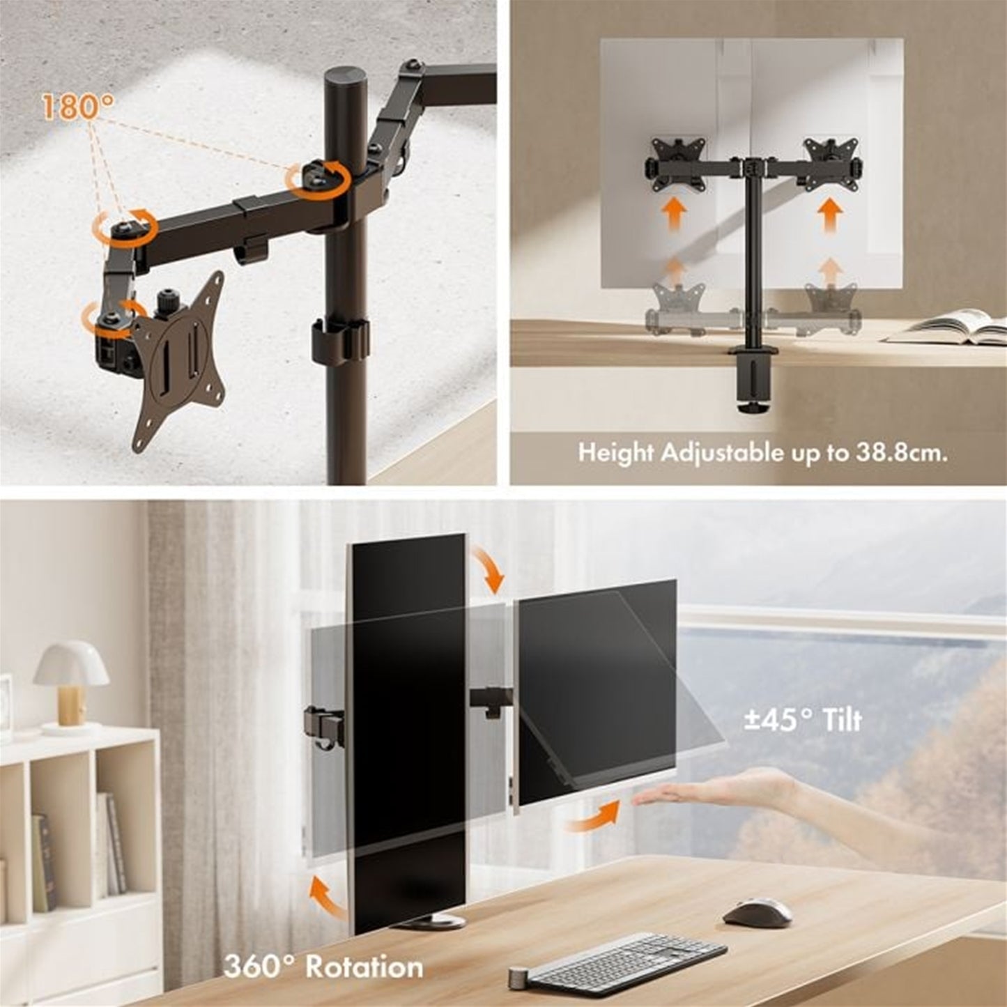 VonHaus Dual Monitor Stand for 13-32 Inch Screens, Desk Clamp, Adjustable