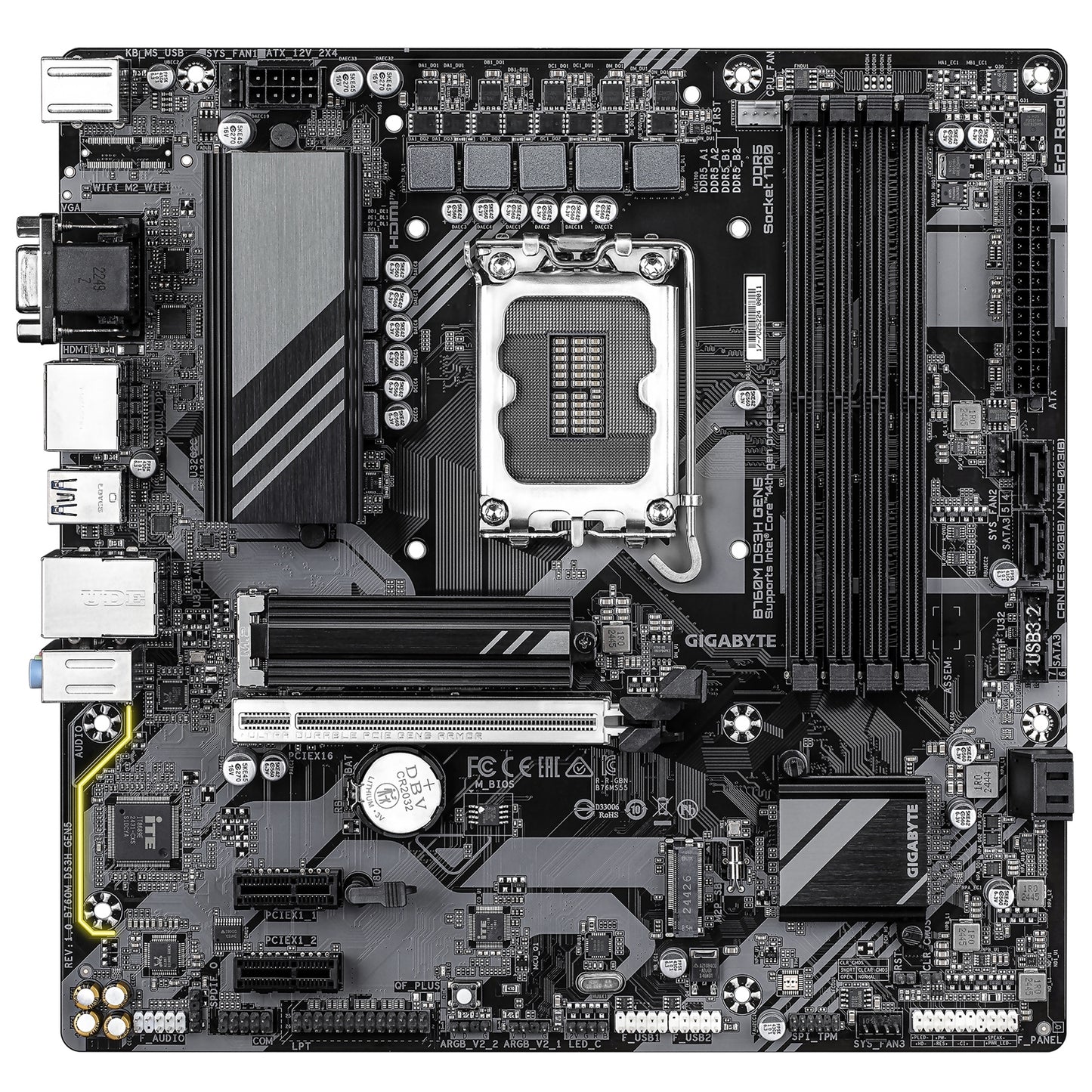 Gigabyte B760M DS3H GEN5 Intel Socket 1700 Motherboard, ATX DDR5 M2 USB-C LAN DP