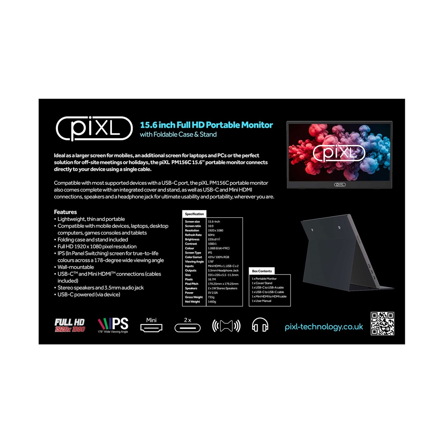 piXL PM156C 15.6 Inch Full HD 60Hz IPS Portable Monitor with Case & Stand