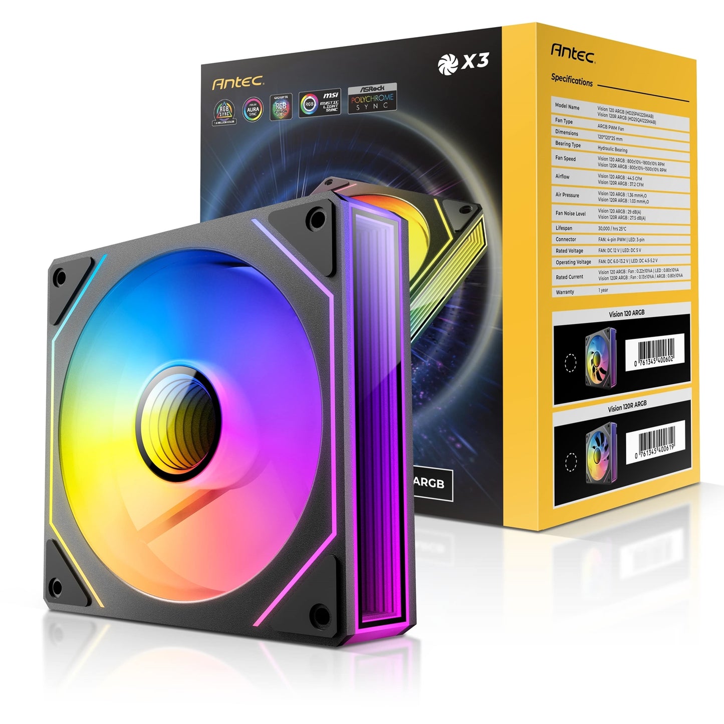 Antec Vision 120mm Reverse ARGB - 3 PK, Black, Up to 1500RPM, 37.2CFM Airflow