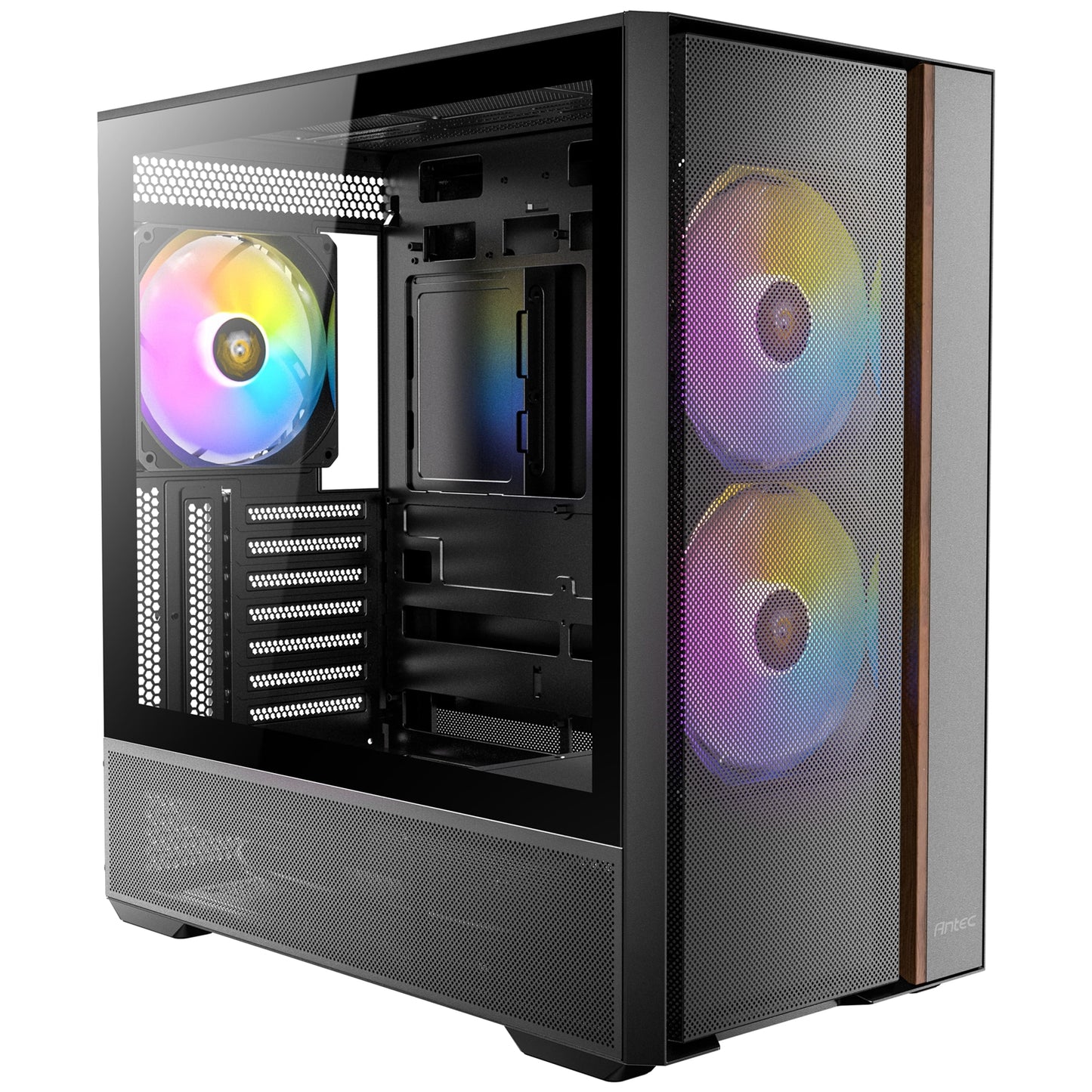 Antec FLUX Rear Mid Tower PC Case, Tempered Glass Steel Plastic Wood, 5 PWM Fans